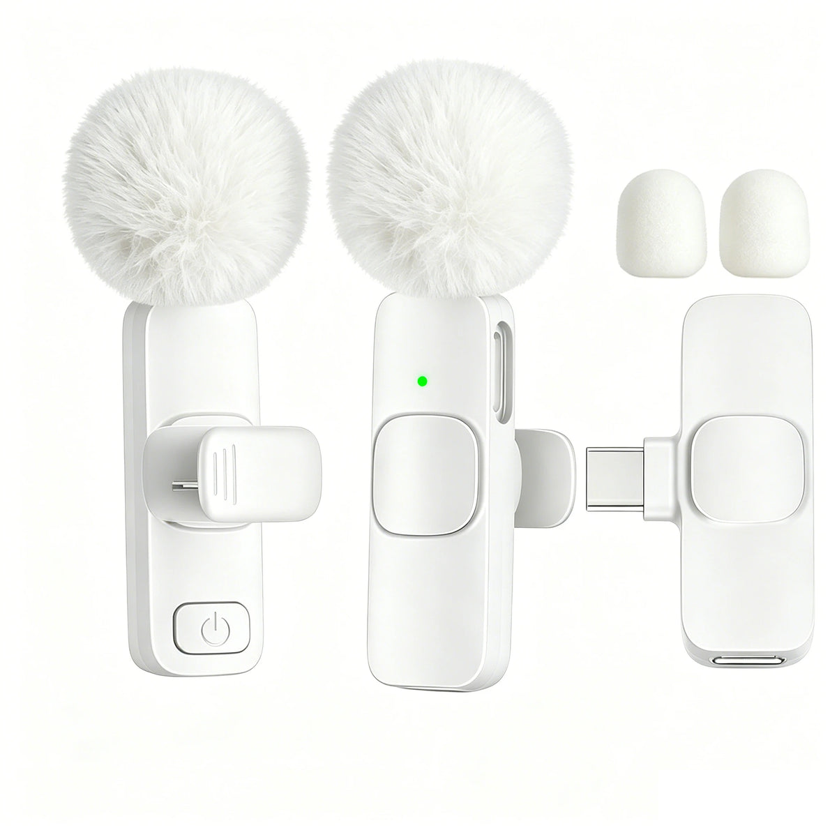 A white USB-C wireless lavalier microphone with a fuzzy windscreen and a clip is shown alongside spare foam windscreens.