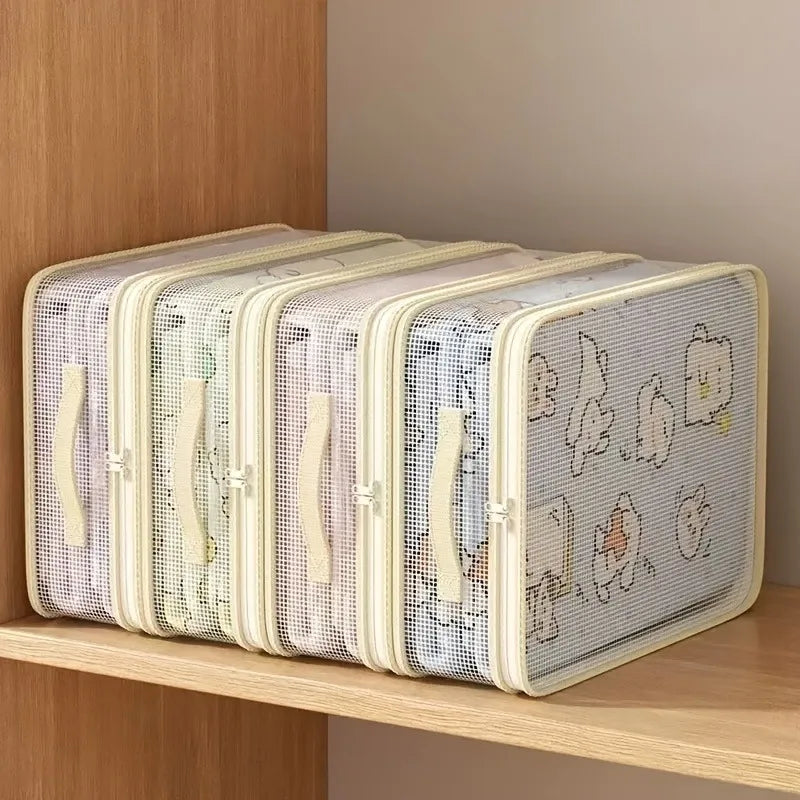 A set of clear mesh storage bags with handles for foldable bedding, displayed on a wooden shelf.