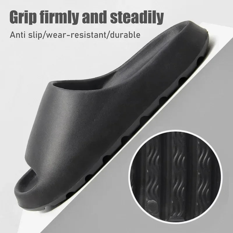 Black anti slip wear-resistant durable EVA slides shown from the side and a close-up view
