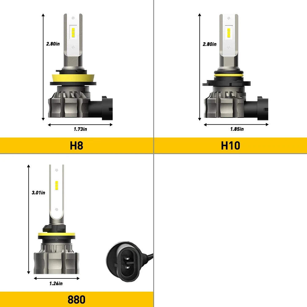 Two LED fog light bulbs, H8 and H10 types, shown with their respective mounting bases.