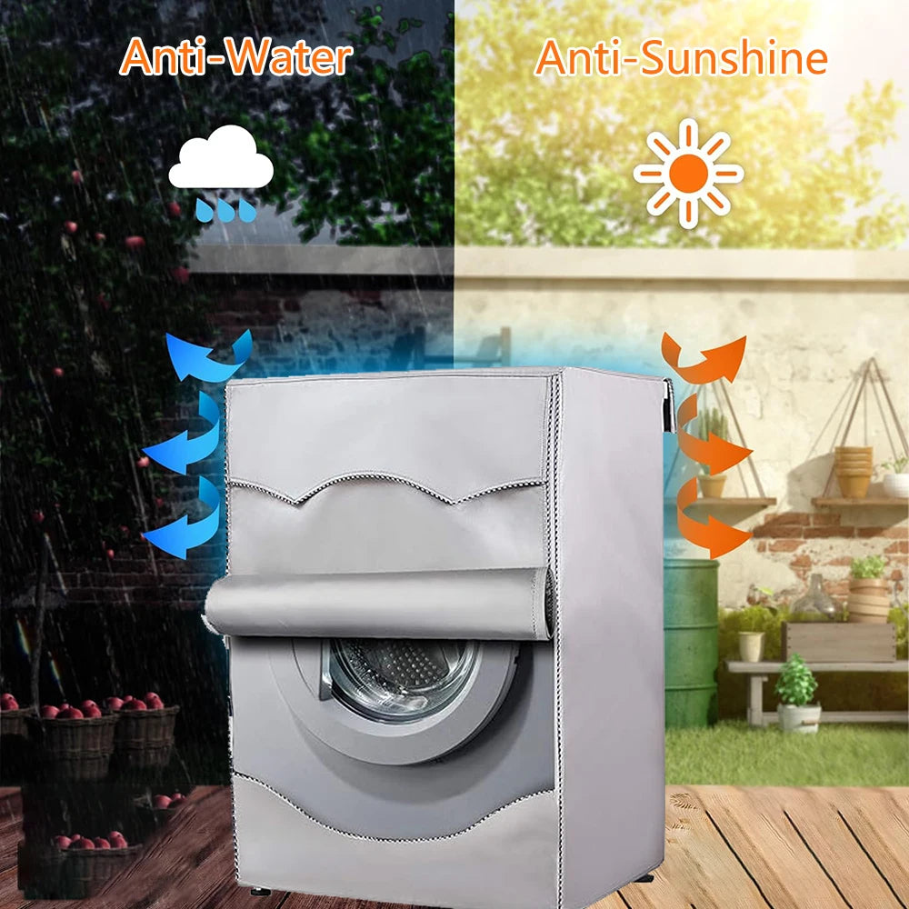 A silver washing machine cover designed to be anti-water and anti-sunshine, shown outdoors.