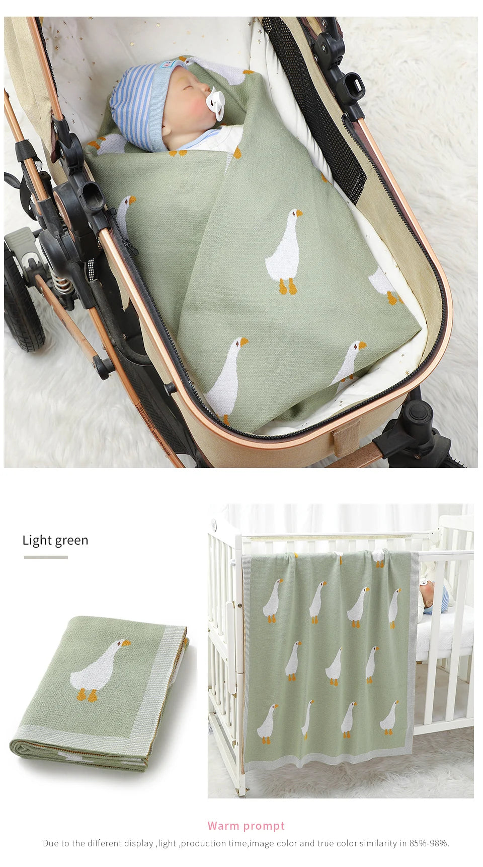 A soft cotton baby swaddle blanket with a white duck cartoon print is shown inside a wooden carrier.