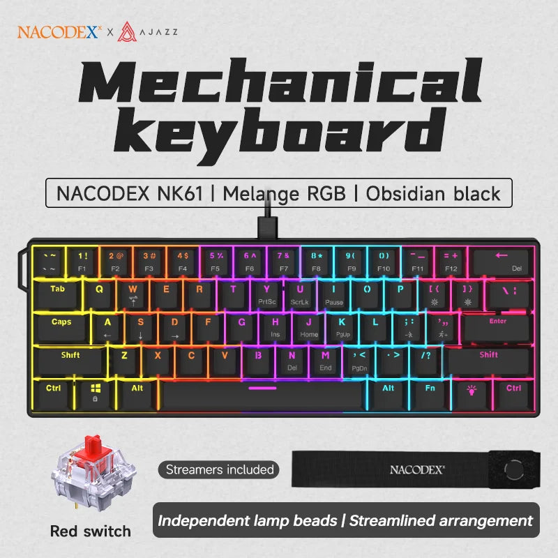 NACODEX NK61 mechanische Tastatur in Melange RGB und Obsidian schwarz mit roten Schaltern