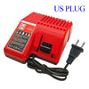 Red Milwaukee 14.4V/18V Li-ion battery charger with a black power cord and US plug.