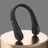 A black hands-free bladeless neck fan with a digital display is shown on a light surface.