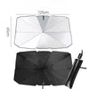 A black foldable car windshield sun shade umbrella shown in its open and closed forms.