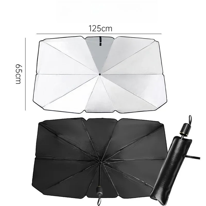 A black foldable car windshield sun shade umbrella shown in its open and closed forms.