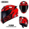 Red and black full face motorcycle helmet with a prominent number design and storage unit