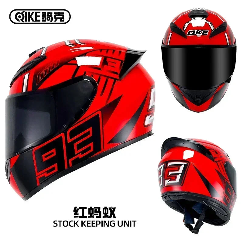Red and black full face motorcycle helmet with a prominent number design and storage unit