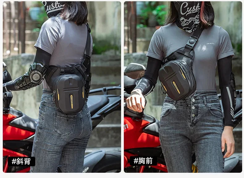 A woman wearing a gray shirt and jeans is carrying a black waterproof motorcycle hip pack.