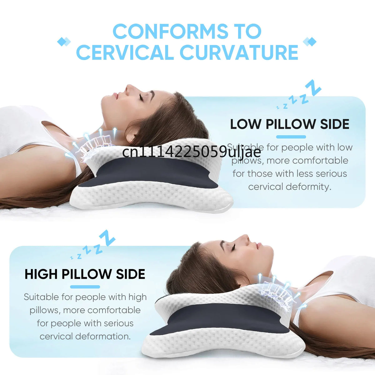 Ergonomic memory foam pillow with ice silk cover shown for cervical curvature support on a person's neck.