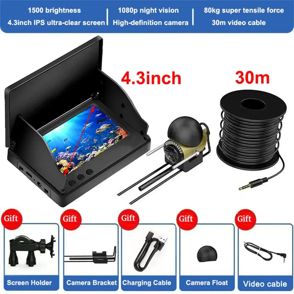 Caméra de pêche sous-marine noire avec écran IPS 4,3 pouces et accessoires (support, câble vidéo).