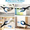 A multipurpose grabber tool shown in various uses, including picking up keys and small objects.