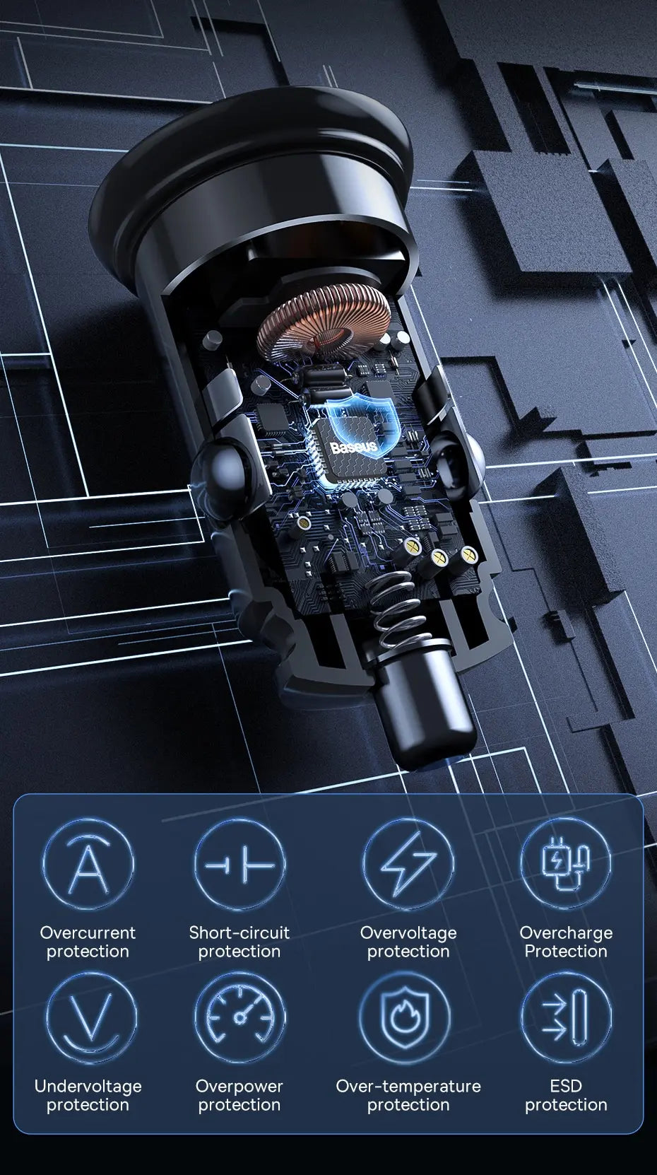 A close-up view of a black USB-C car charger with various protection features displayed on its surface.