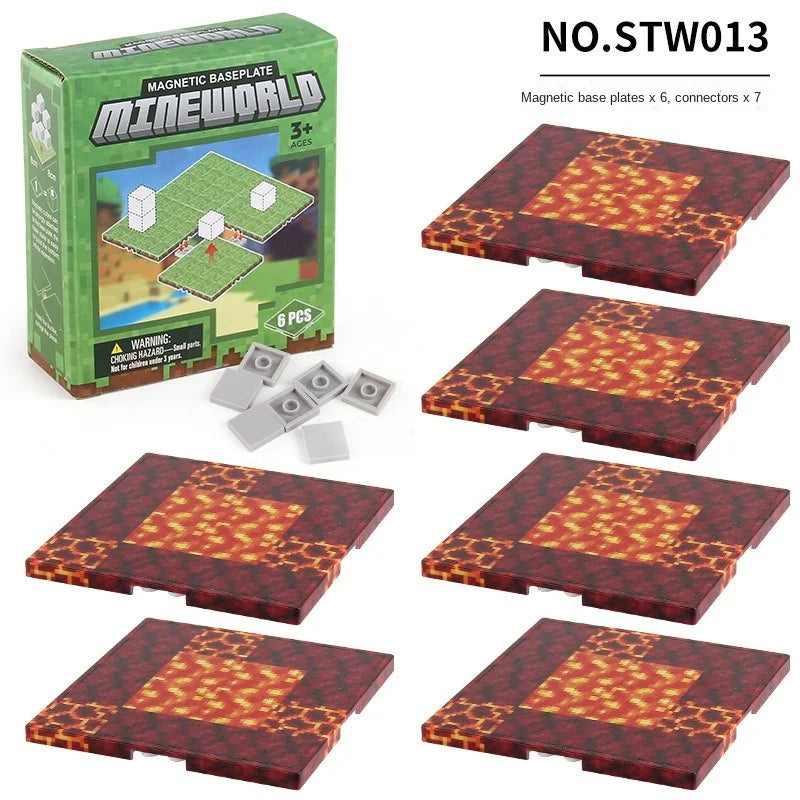 A set of six magnetic base plates for Mineworld building blocks, featuring red and yellow patterned surfaces.