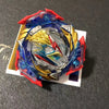 A metal battle spinning top featuring red and blue components with a gold center, displayed on a white card.