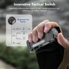 A hand holds a tactical switch module for an integrated tail switch on a compact flashlight.