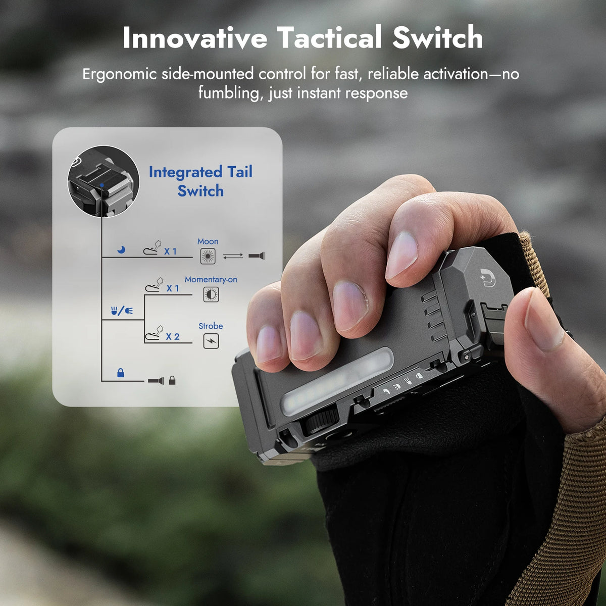 A hand holds a tactical switch module for an integrated tail switch on a compact flashlight.