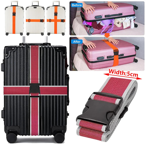 A black suitcase with a pink strap and orange accents, shown in before and after usage examples.