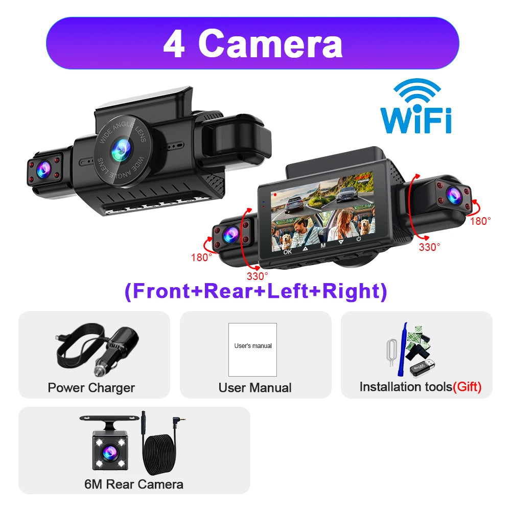 A black dash cam device with four cameras, power charger, user manual, and installation tools shown alongside a 6M rear camer