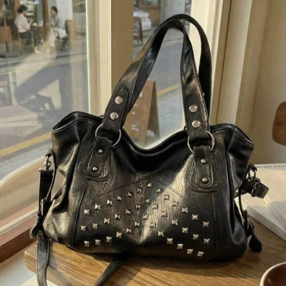 Rivet Punk Large Capacity Tote Bag with Adjustable Crossbody Strap