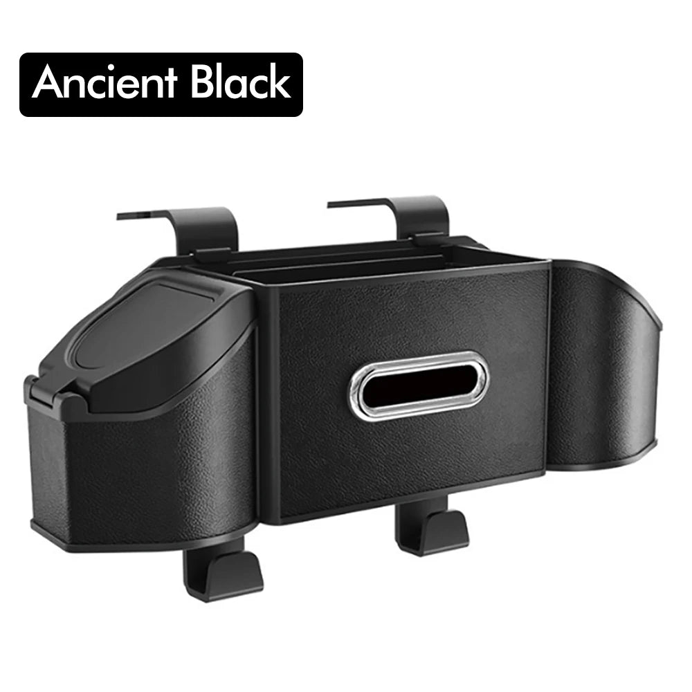 Ancient Black car back seat organizer with a cup holder, trash bin, and phone mount.