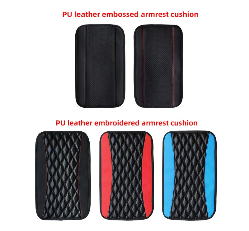 Four versions of PU leather armrest cushions are shown: embossed black, embroidered black and red, and embroidered black and 