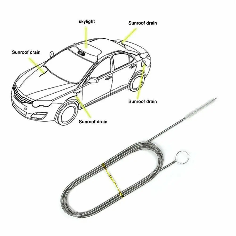 A flexible drain cleaning brush used for clearing skylight and sunroof drains on a car roof.