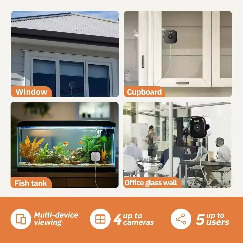 A set of security cameras showing a window, cupboard, fish tank, and office glass wall setup.