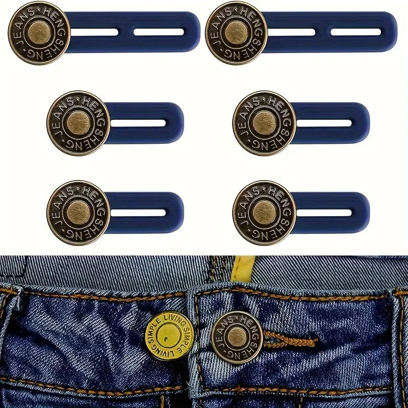 Quatre paires d'élastiques ajustables pour taille de jeans, avec des composants en laiton et plastique bleu.