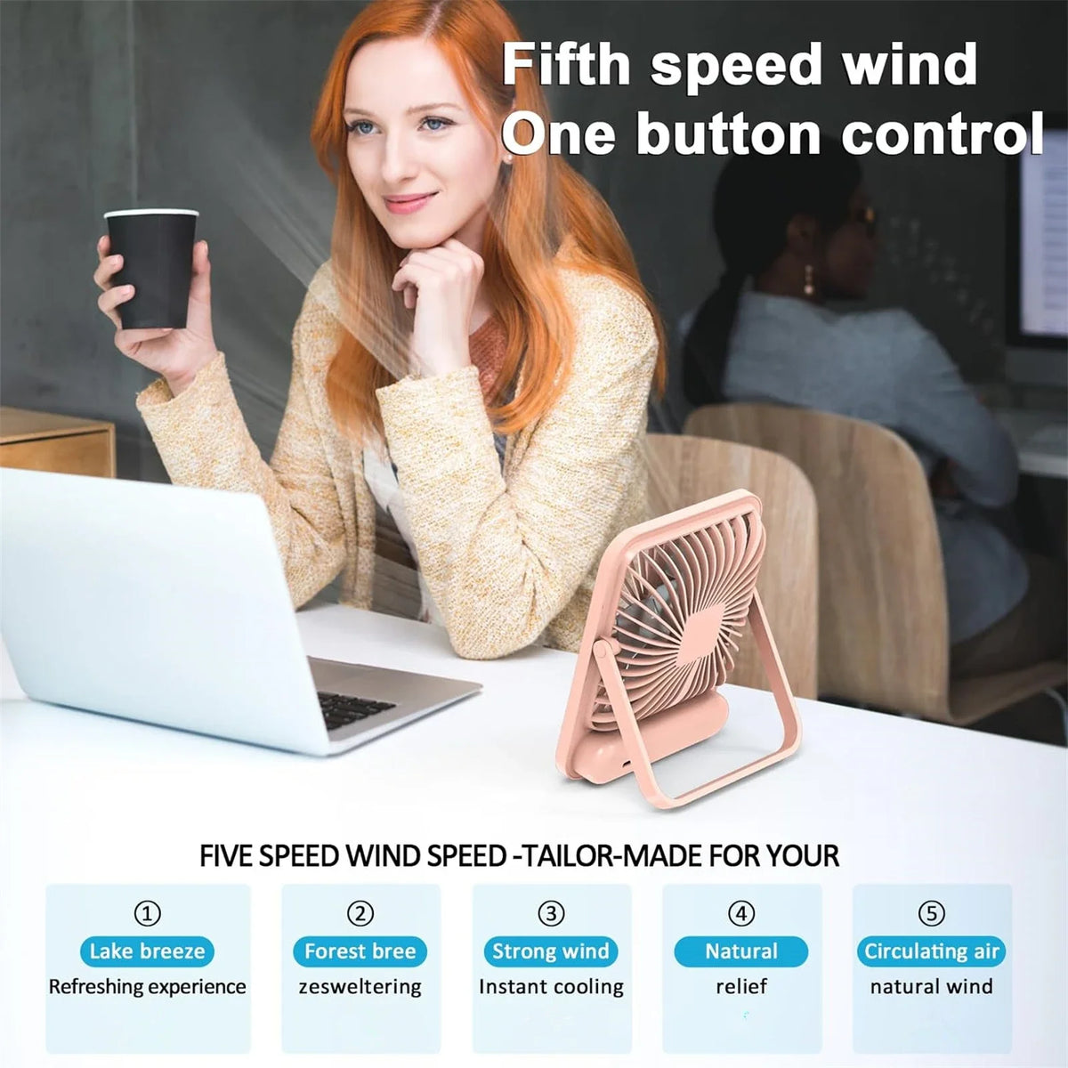Portable USB Desk Fan with 180° Foldable Stand and Digital Display