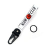 A white nylon keychain with black lettering that reads Slow Car Club and a steel clip.