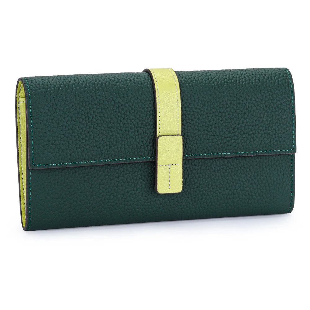 A dark green women's cowhide leather bifold wallet with a light yellow strap.