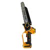 Yellow and black cordless 8-inch brushless electric chainsaw with a metal chain visible.