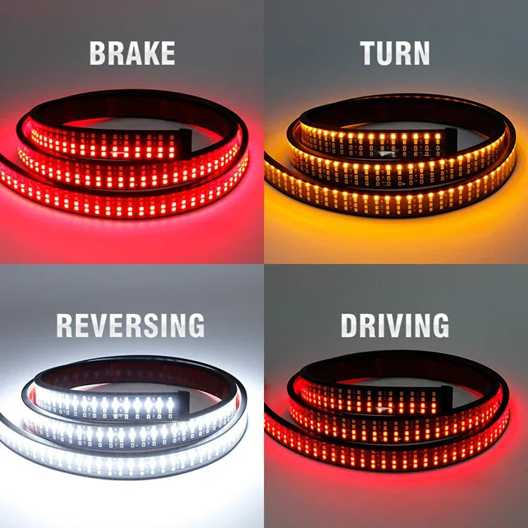 High-intensity truck tailgate light bar showing brake, turn, reversing, and driving functions.