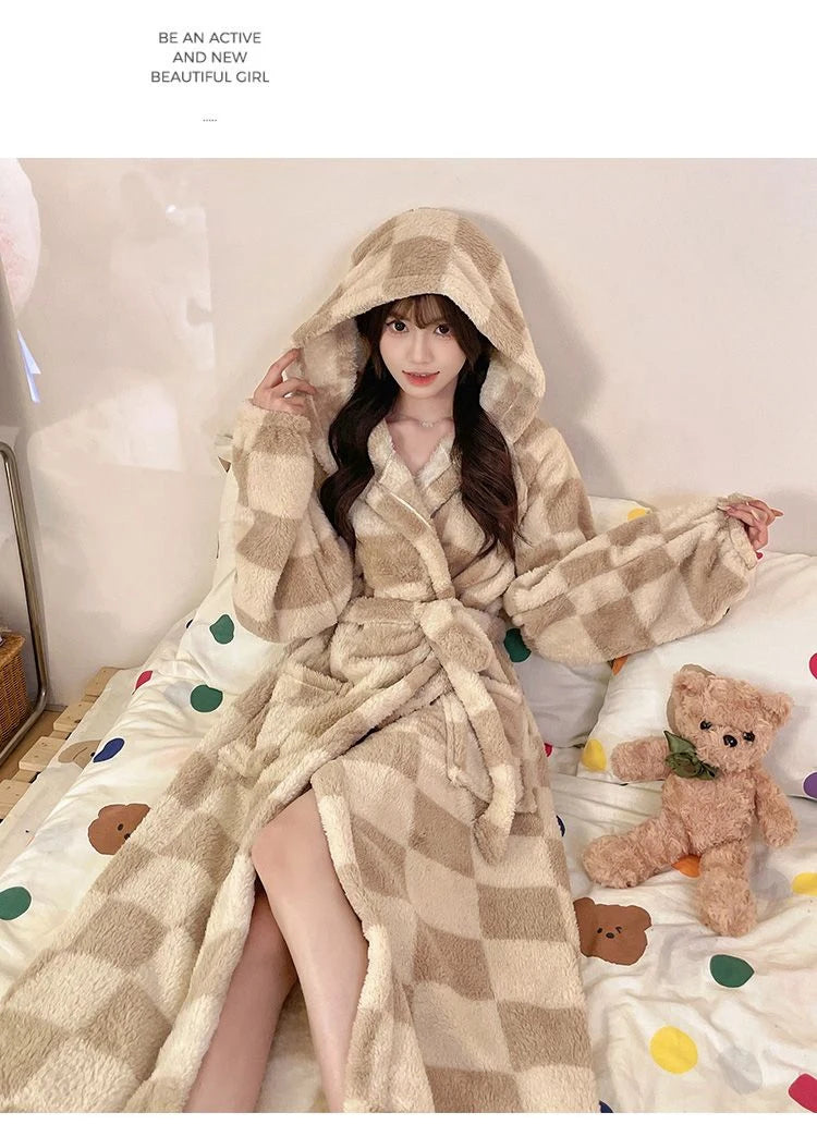 Women's Leopard Print Hooded Flannel Bathrobe