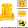 Yellow plastic battery storage holder with screw holes and a middle hollow for looping through a belt