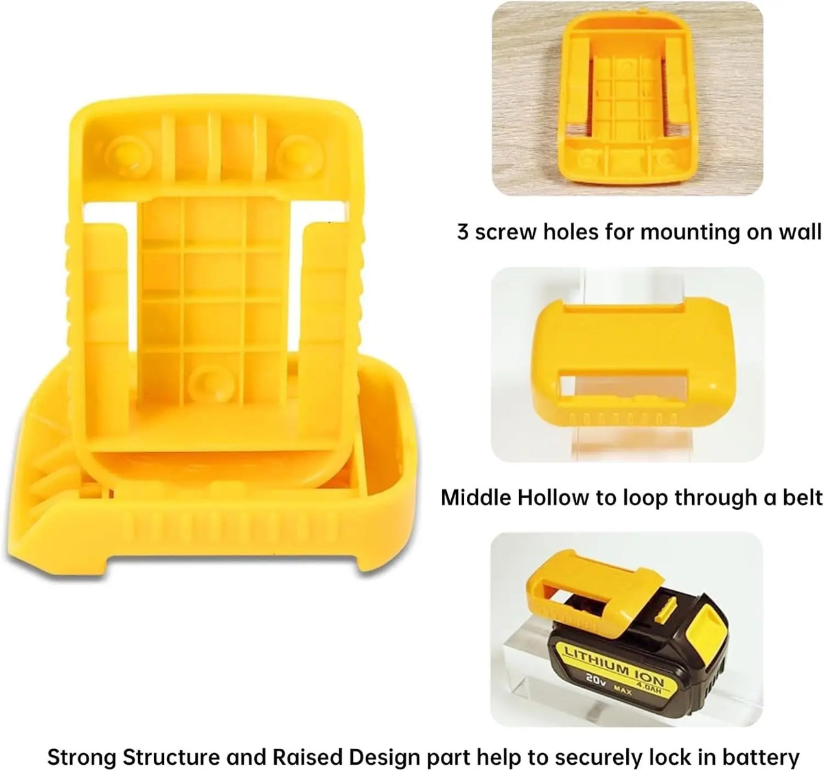 Yellow plastic battery storage holder with screw holes and a middle hollow for looping through a belt