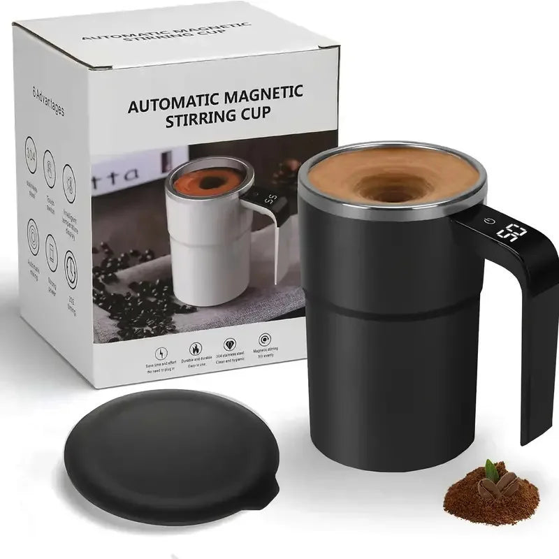 A black automatic magnetic stirring cup and lid set shown next to its packaging box.