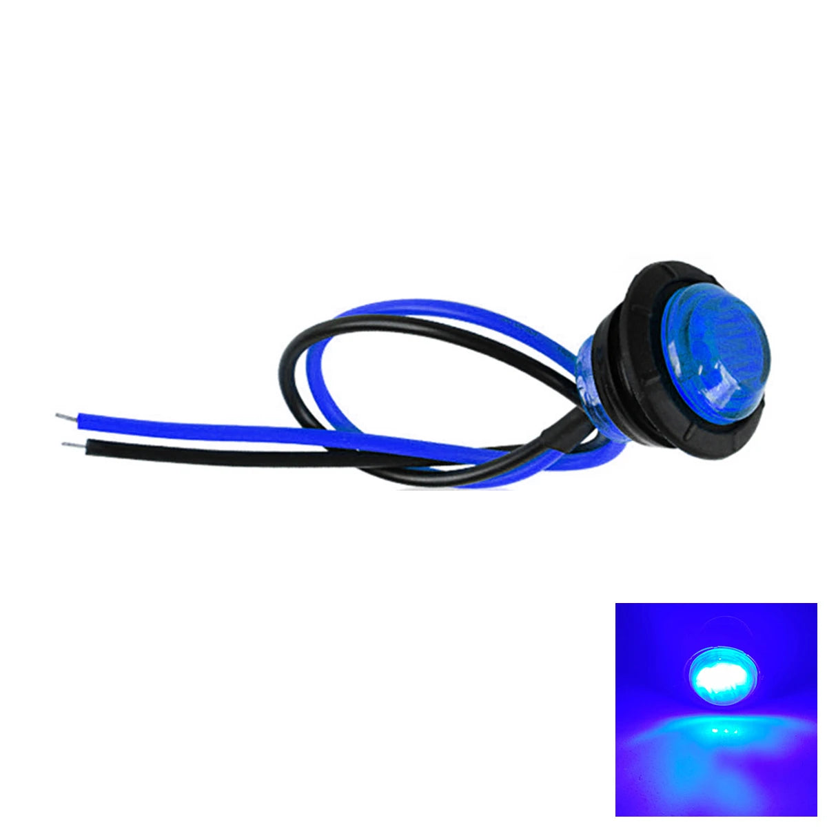 Round LED side marker lights with blue illumination and black cables