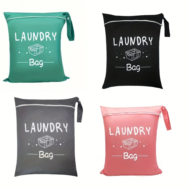 Four colored fabric laundry bags labeled Laundry Bag for travel gym and beach use