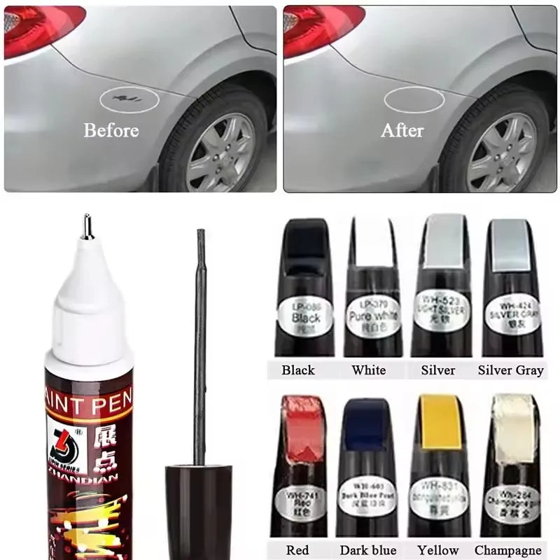A collection of car paint repair pens in various colors including black, white, silver, and yellow.