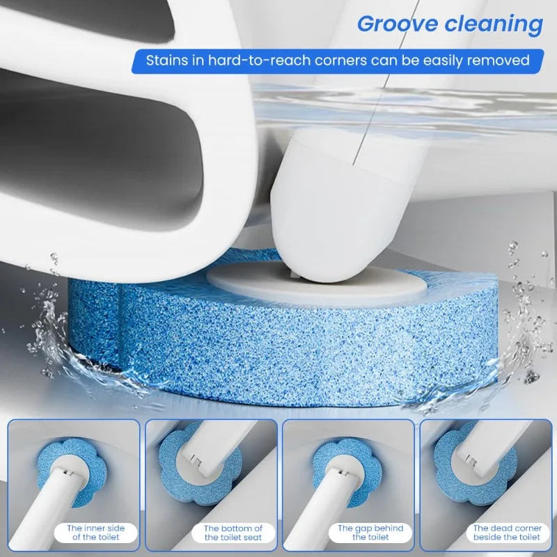 A disposable toilet brush set with a long handle and wall-mount holder is shown cleaning stains in hard-to-reach corners.