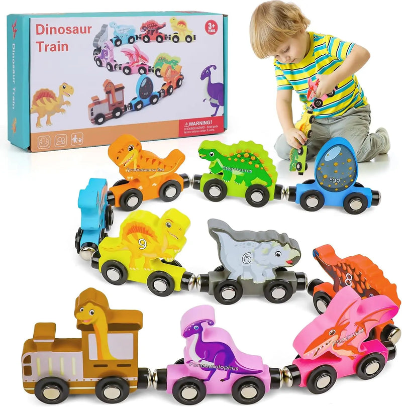 Montessori Magnetic Wooden Train Set with Animal & Vehicle Carriages