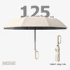 Beige windproof reverse folding umbrella with a reflective stripe and carabiner handle