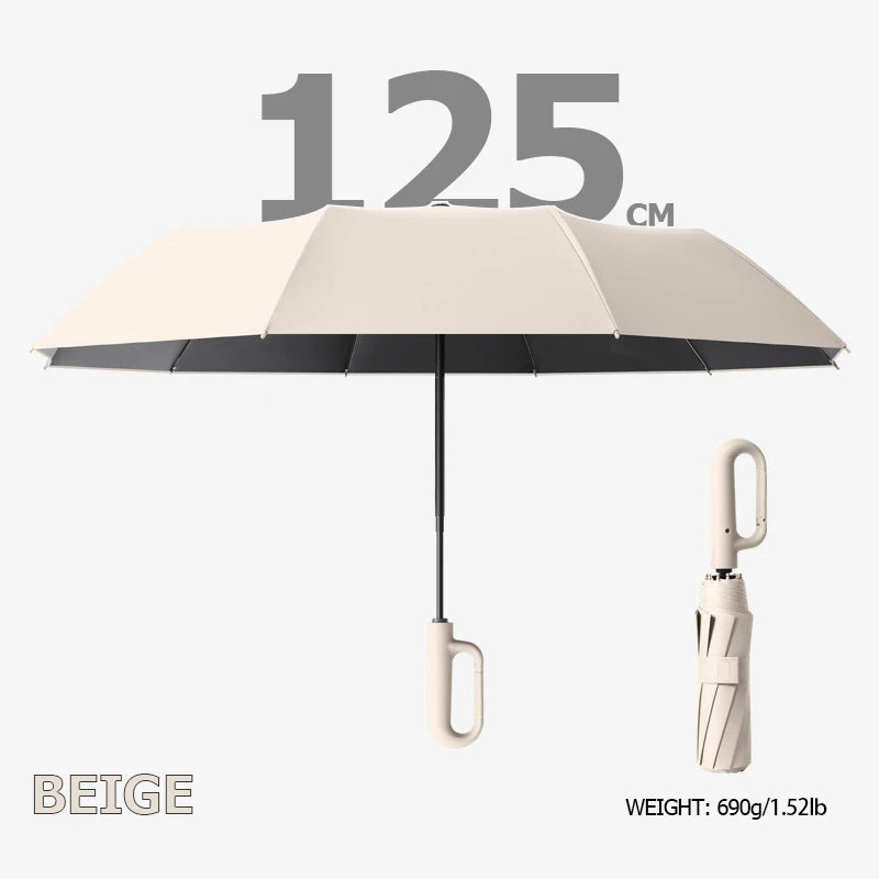 Beige windproof reverse folding umbrella with a reflective stripe and carabiner handle