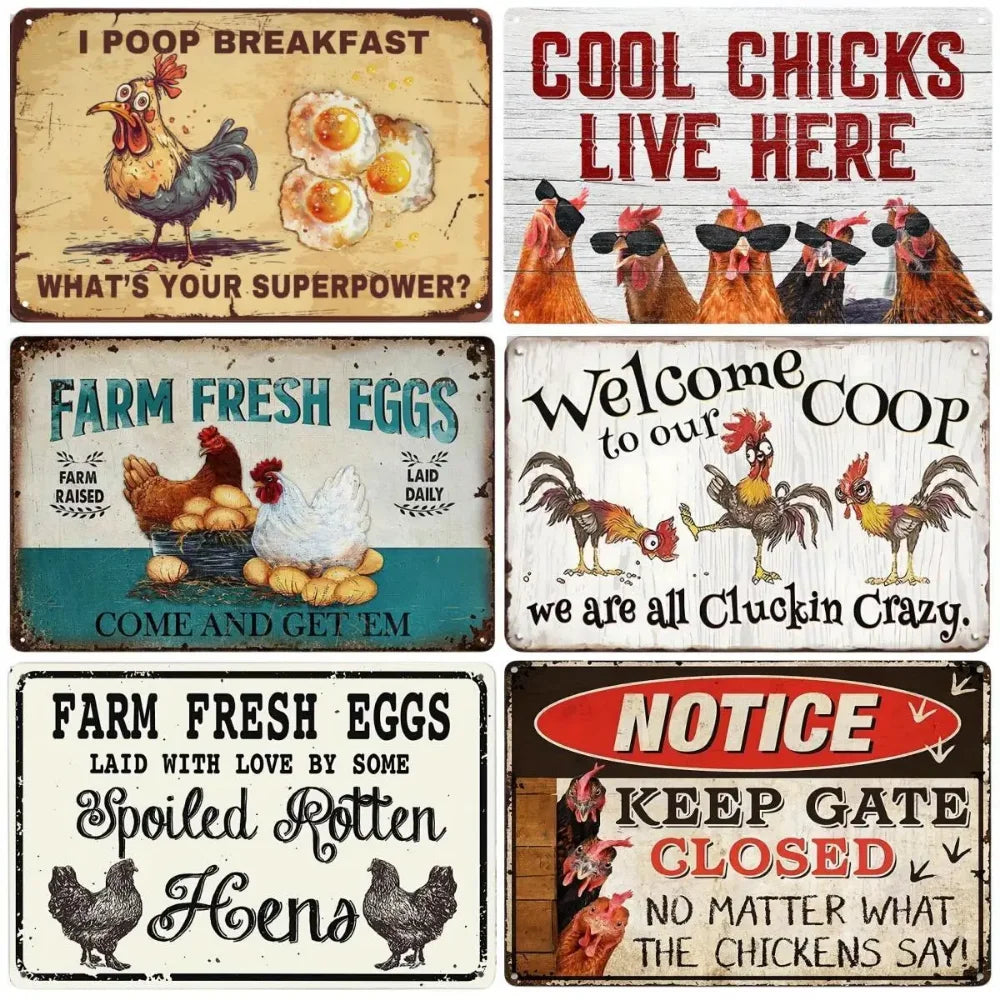 Retro Funny Chicken Farm Metal Sign for Kitchen and Coop