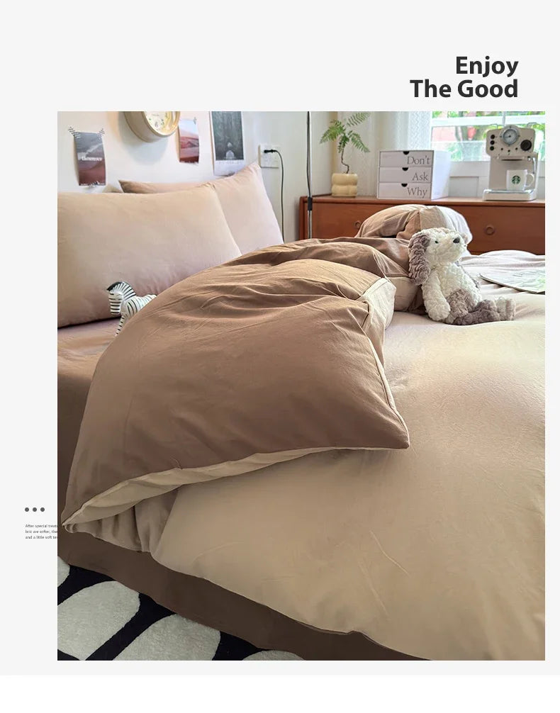 A beige duvet cover set featuring a tan duvet and pillows on a bed with natural light.
