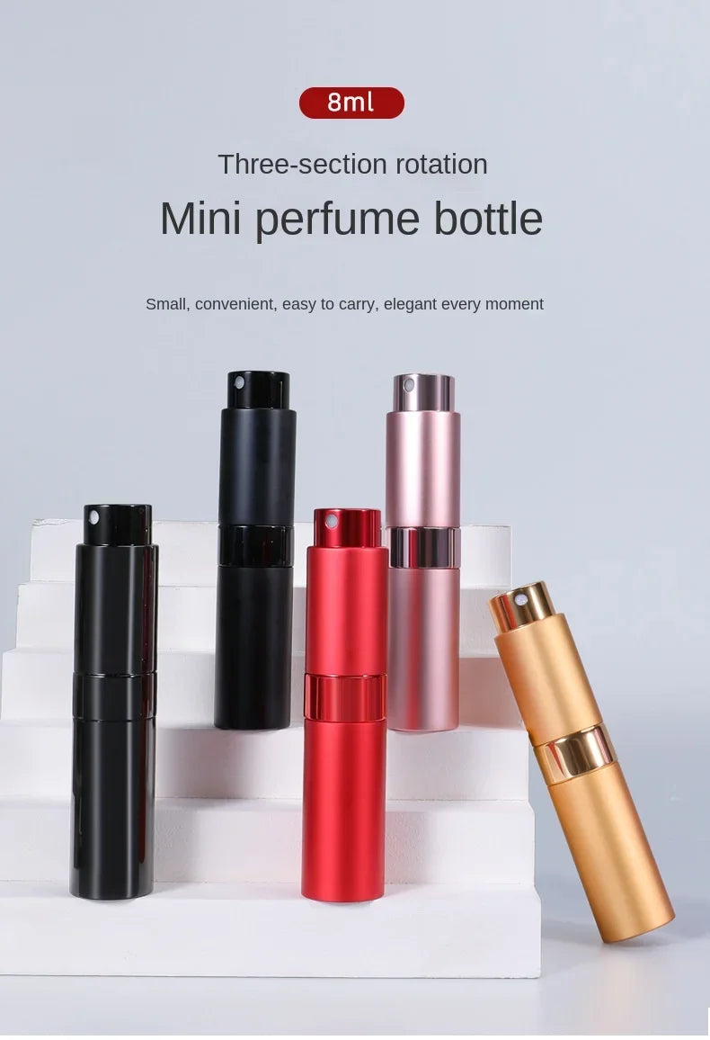 Three-section rotation mini perfume bottle in black and rose gold colors displayed on white steps