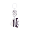 A white baby stroller arch toy with a hanging charm featuring a black and white patterned plush animal.